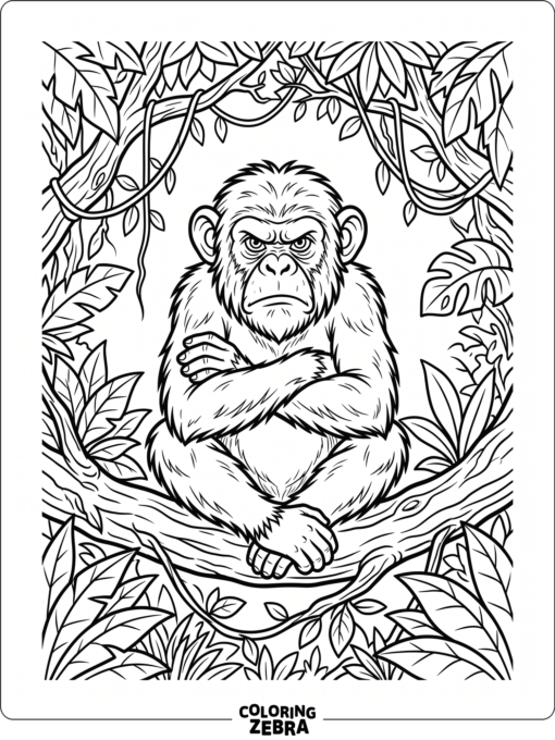 A grumpy monkey sitting with crossed arms on a branch