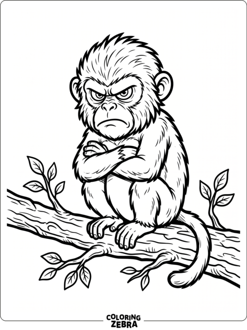 A grumpy monkey sitting alone on a branch
