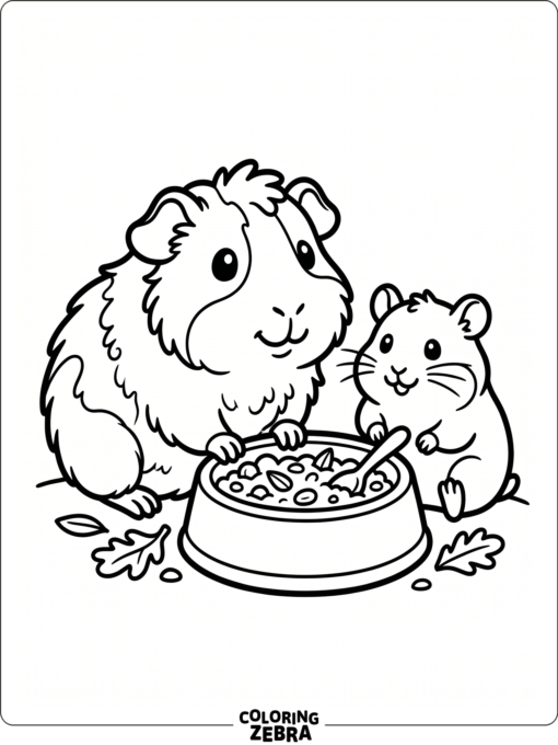 A guinea pig and hamster sitting near a food bowl