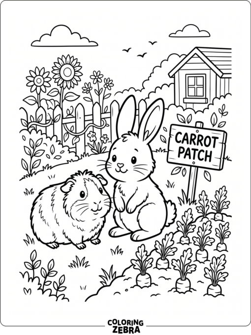 A guinea pig and rabbit sitting beside a carrot patch