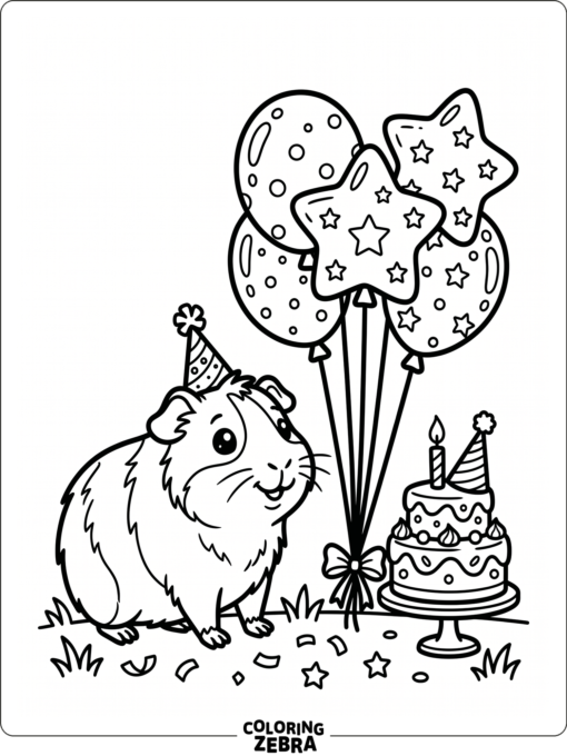 A guinea pig beside balloons and a small cake