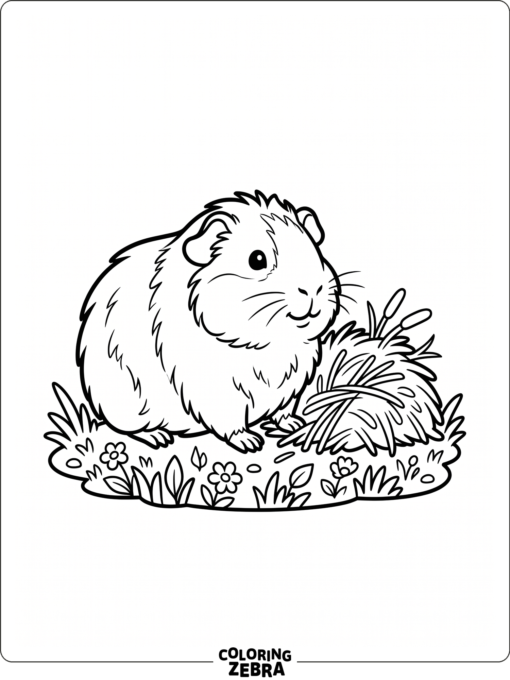 A guinea pig sits near a small hay pile and grass