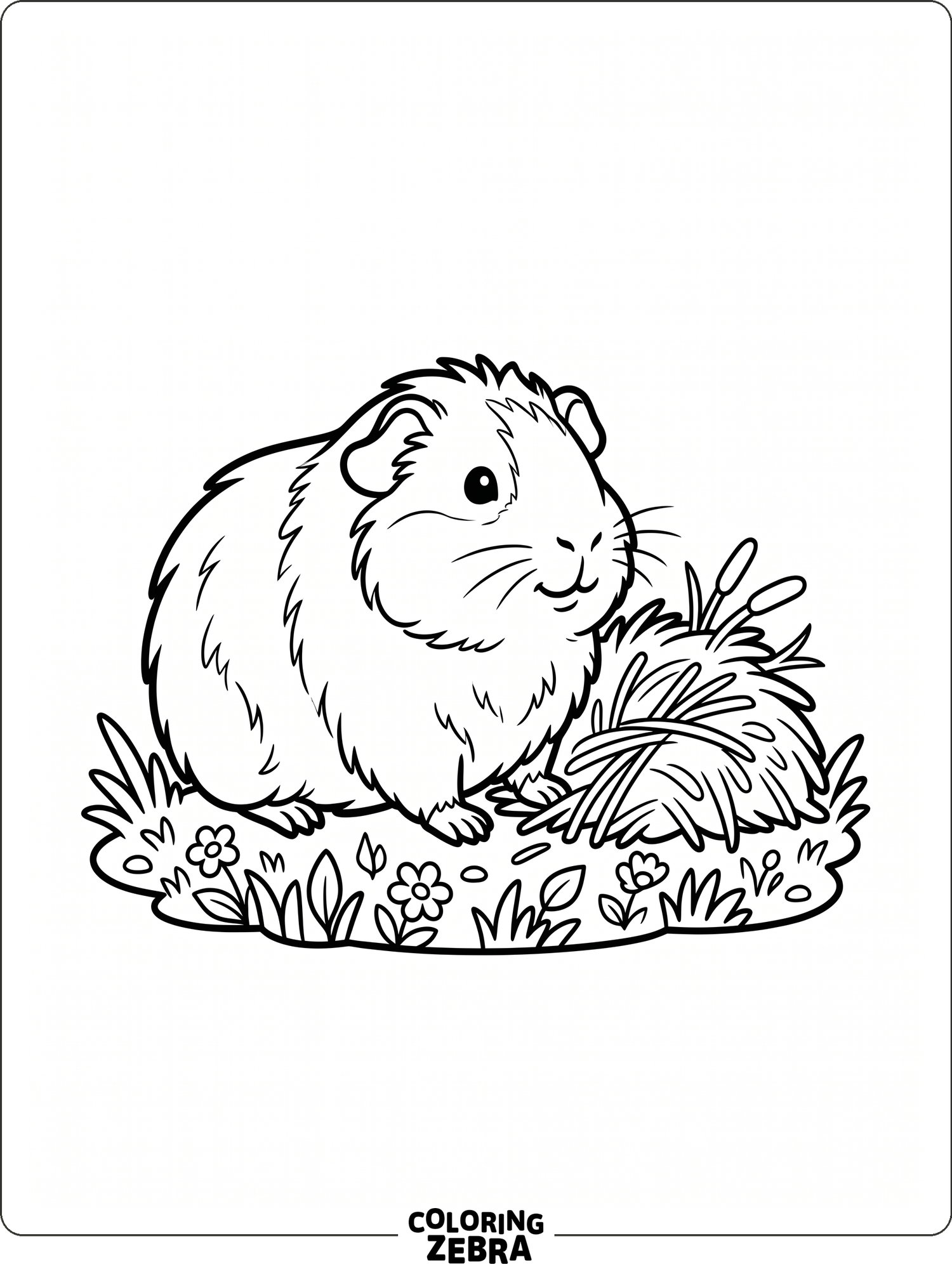 A guinea pig sits near a small hay pile and grass