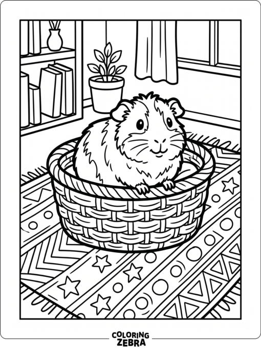 A guinea pig sitting in a basket on a rug