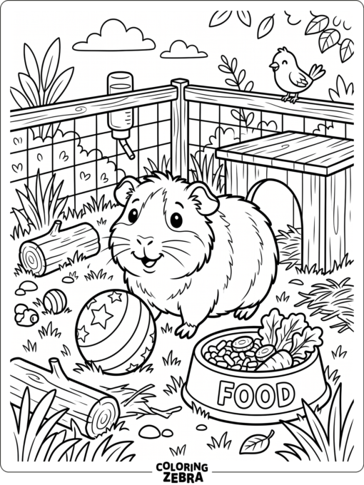 A guinea pig next to a ball and dish