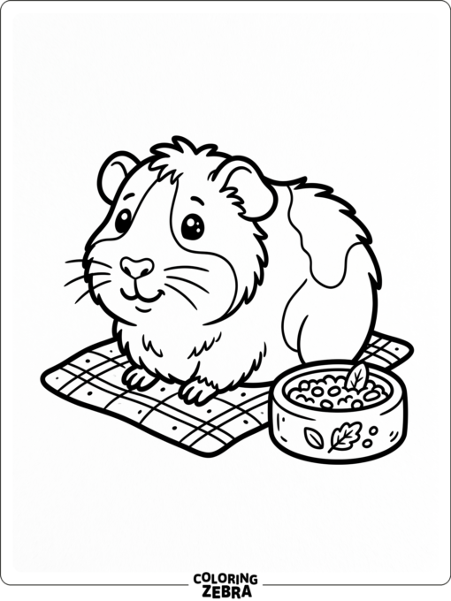 A guinea pig beside a food bowl on a clean page