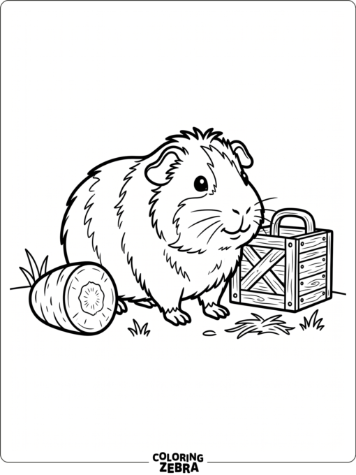 A guinea pig near a carrot slice and crate