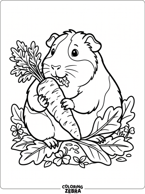 A guinea pig nibbling a carrot with leaves