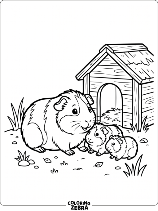 A mother guinea pig with two babies near shelter