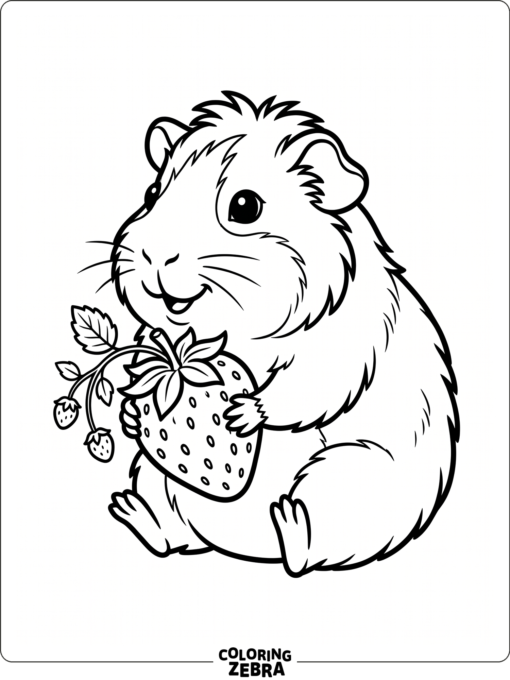A guinea pig holding a strawberry with a vine