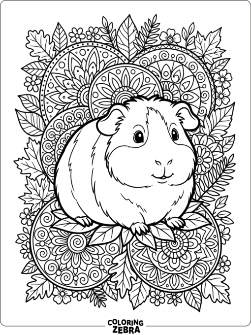 A guinea pig surrounded by circular mandala patterns