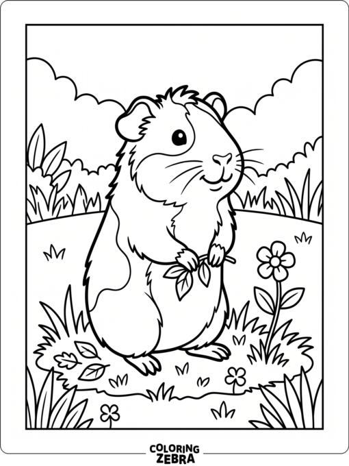 A guinea pig standing in grass with a small flower nearby