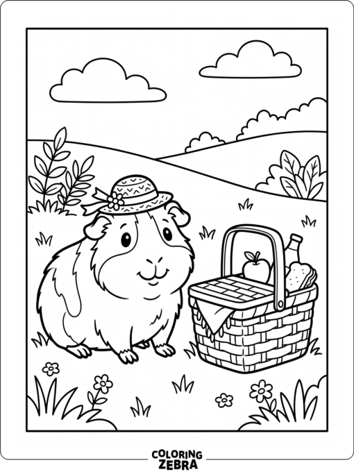 A guinea pig wearing a small hat beside a picnic basket