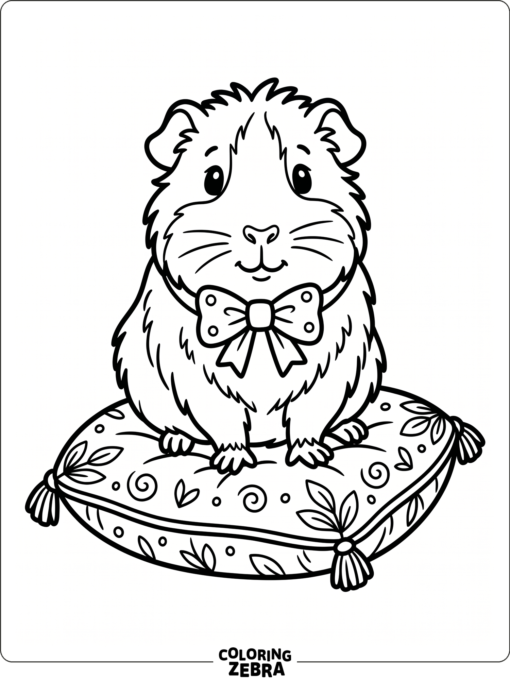 A guinea pig wearing a bow tie on a cushion