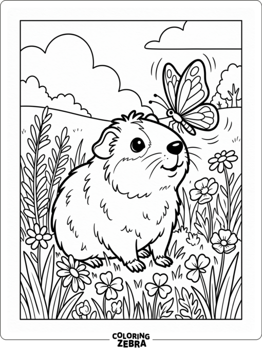 A guinea pig with a butterfly near its nose