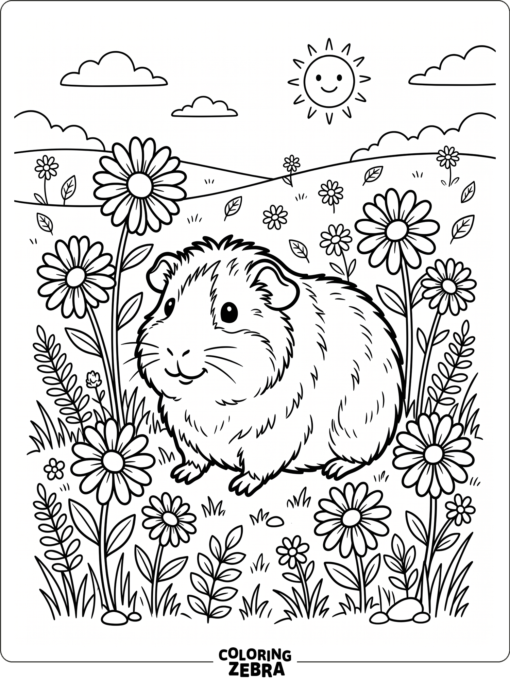 A guinea pig surrounded by daisies and leaves
