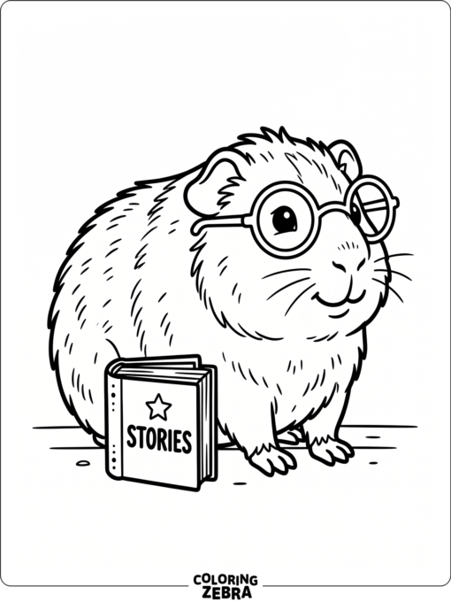 A guinea pig wearing round glasses beside a tiny book
