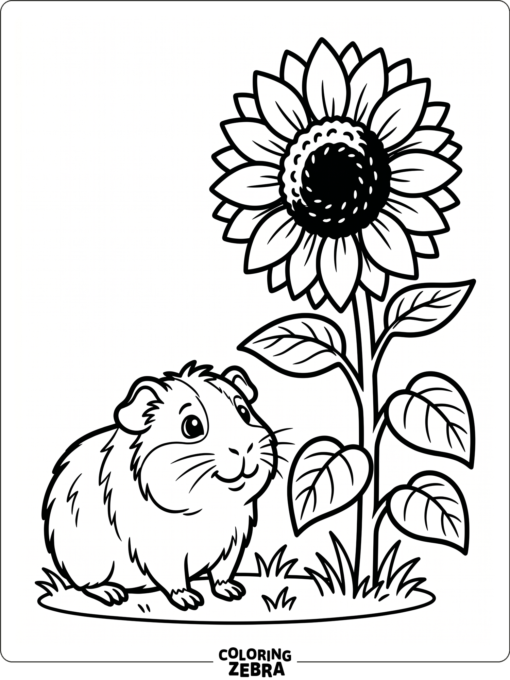 A guinea pig beside a large sunflower
