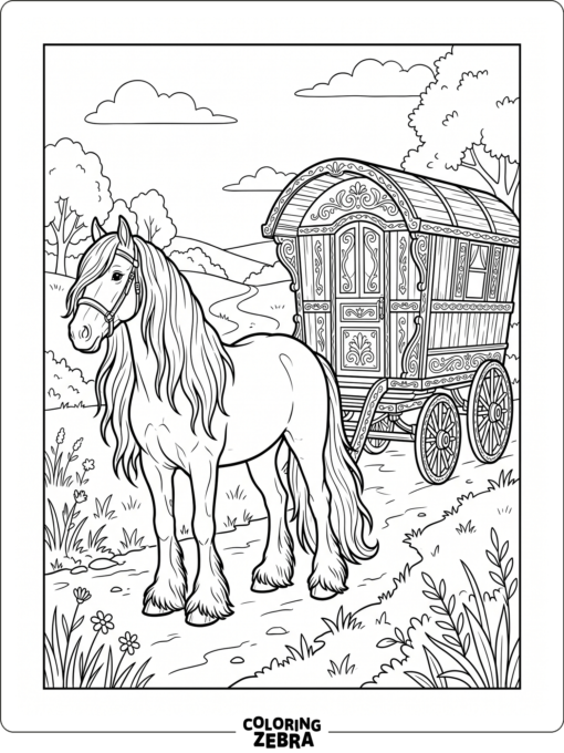 A Gypsy Vanner stands near a decorated cart