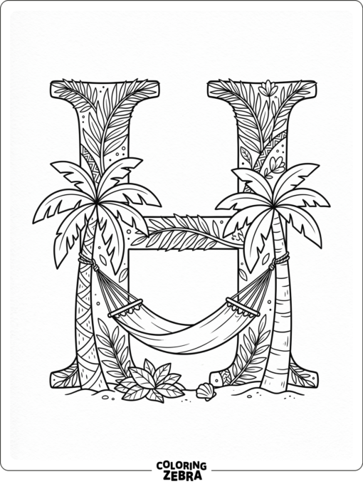 A big H with a hammock hanging between palm trees