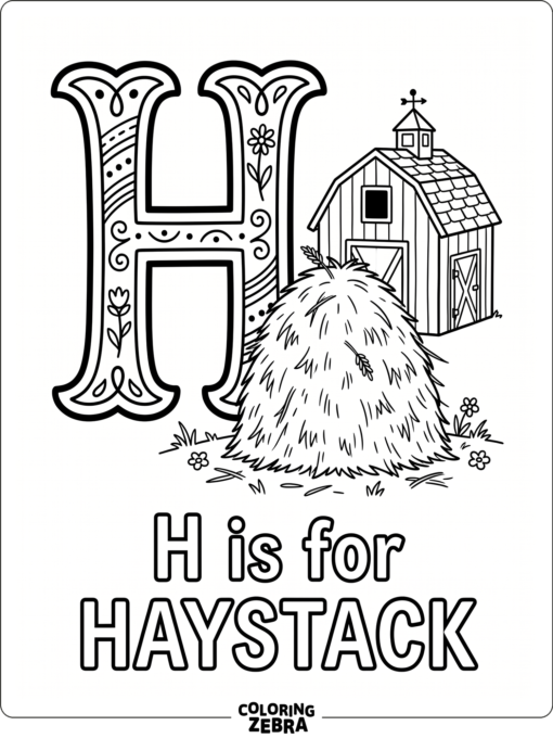 A large H with a haystack near a barn