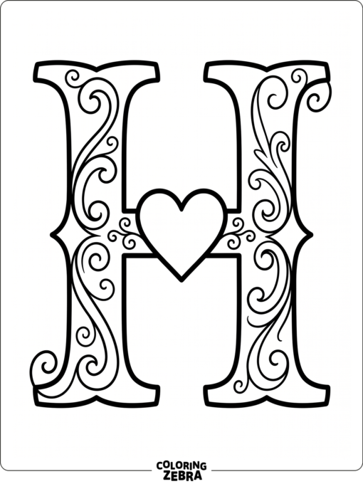 A large H with a heart and simple swirls