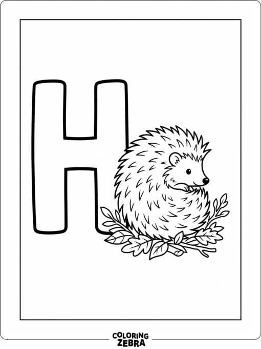 An uppercase H beside a hedgehog and leaves