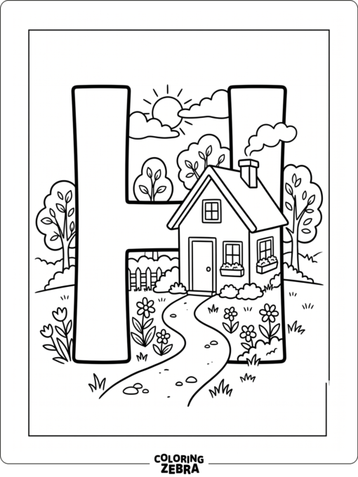 A large H with a small house and path