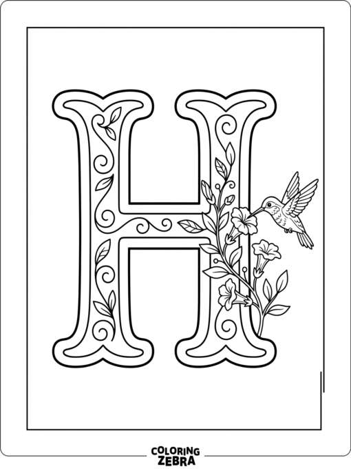 A large H with a hummingbird hovering by flowers