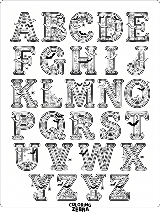 Halloween alphabet letters with bats and webs