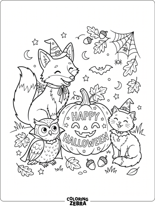 Halloween animals with a fox, owl, and cat