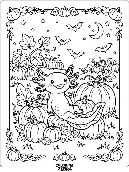 An axolotl in a pumpkin patch with bats