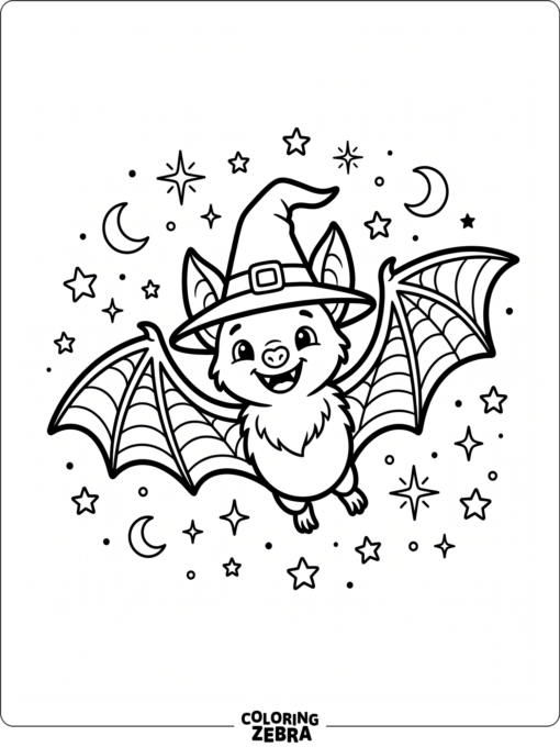 A cheerful bat wearing a witch hat