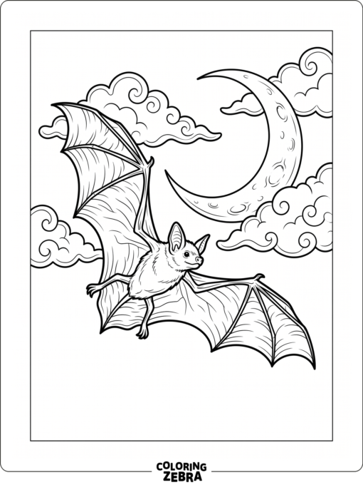 Flying bat under a crescent moon