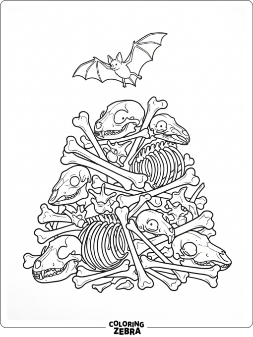 A pile of bones with a bat above