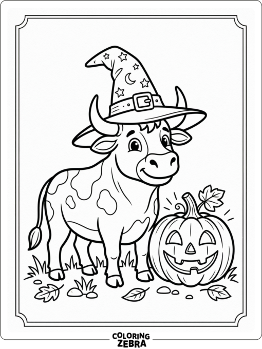 A bull wearing a witch hat near a pumpkin