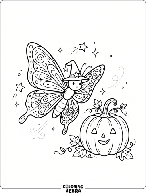 A butterfly wearing a witch hat near a pumpkin