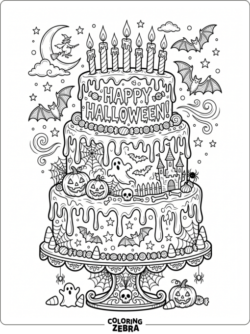 Halloween cake with candles, bats, and dripping frosting