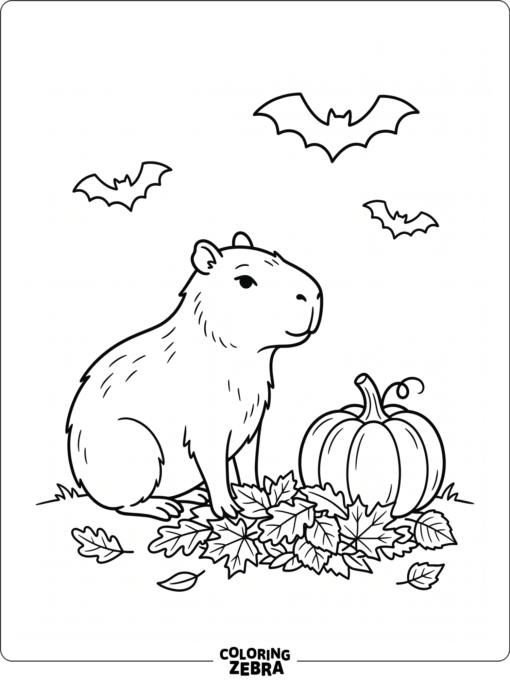 A capybara with a pumpkin and autumn leaves