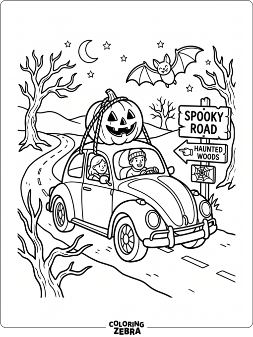 A car with Halloween decorations and a pumpkin