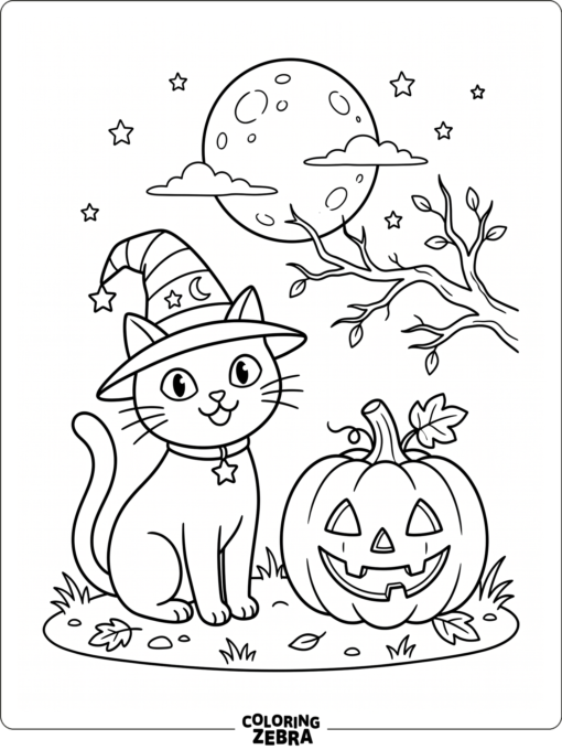 A Halloween cat beside a pumpkin