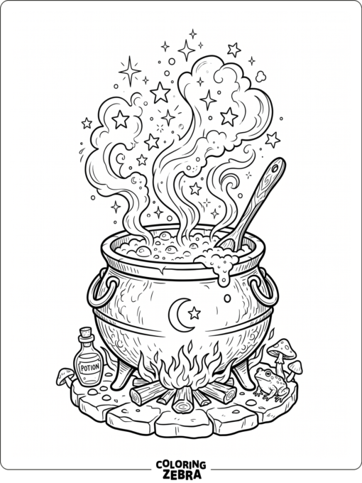 A bubbling cauldron with steam and a wooden spoon
