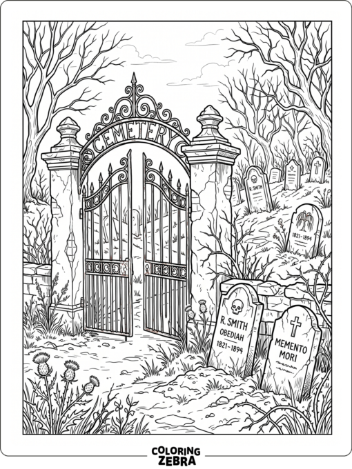 A Halloween cemetery with crooked tombstones and an old gate