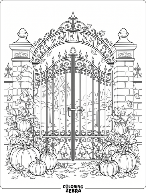 Cemetery gate with pumpkins, vines, and drifting leaves
