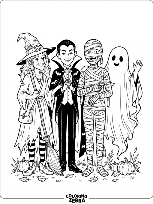 Group of classic Halloween characters in costume