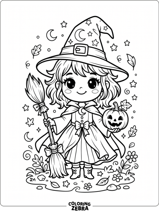 Cute chibi witch with a tiny broom and pumpkin