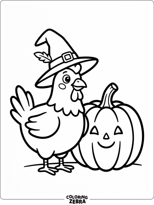 A chicken wearing a witch hat near a pumpkin