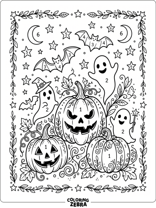 A Halloween color by number page with pumpkins and bats