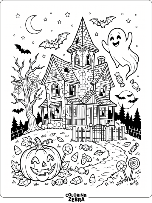 Simple Halloween icons around a spooky house