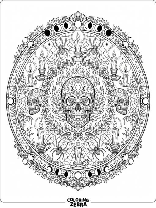 Intricate Halloween mandala with skulls and candles